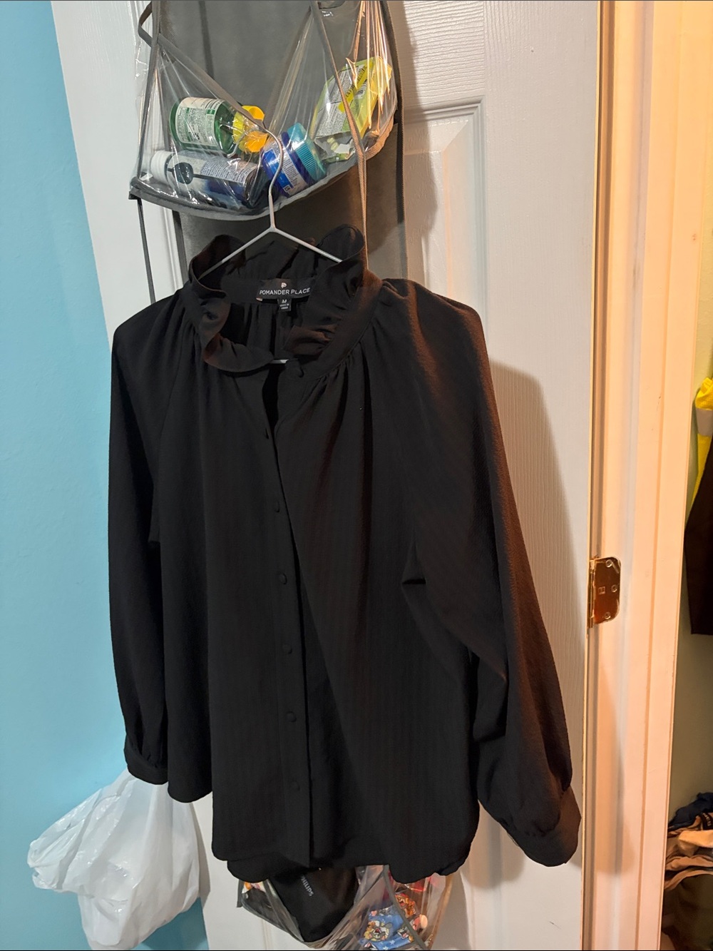 Pomander Place Black Ruffle-Neck Button Down Blouse